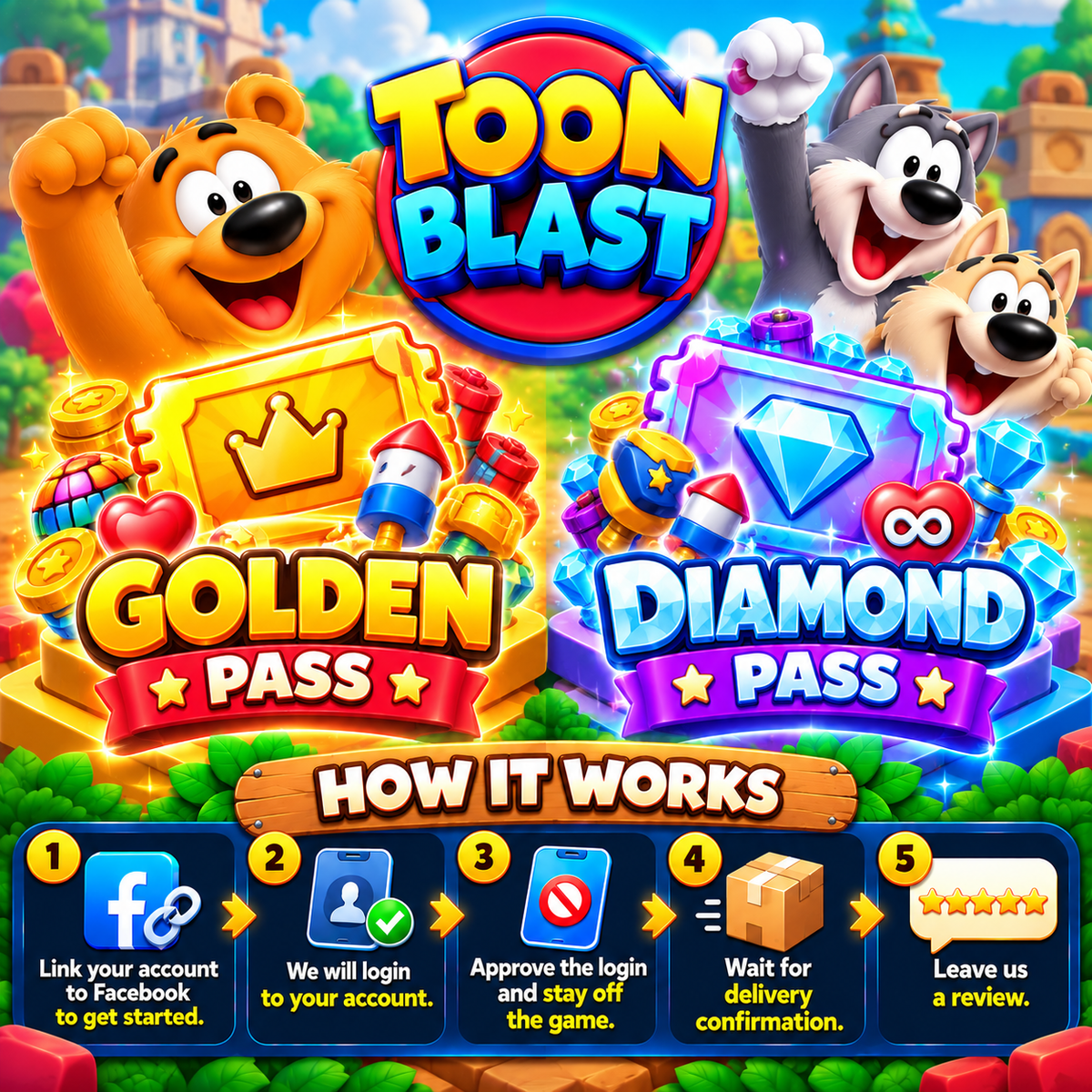 Toon Blast Golden Pass & Diamond Pass