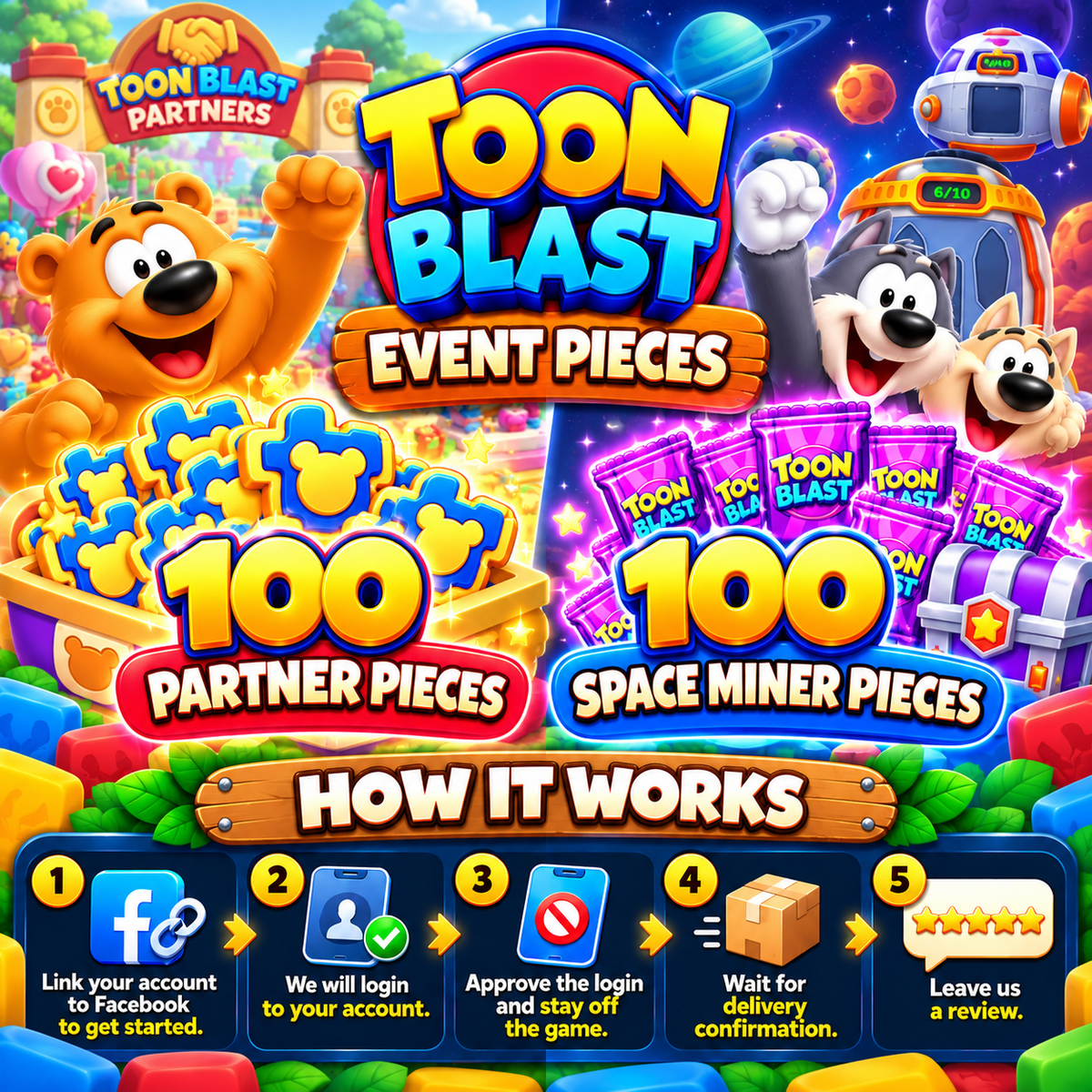 Toon Blast Event Pieces - Partner & Space Miner Pieces
