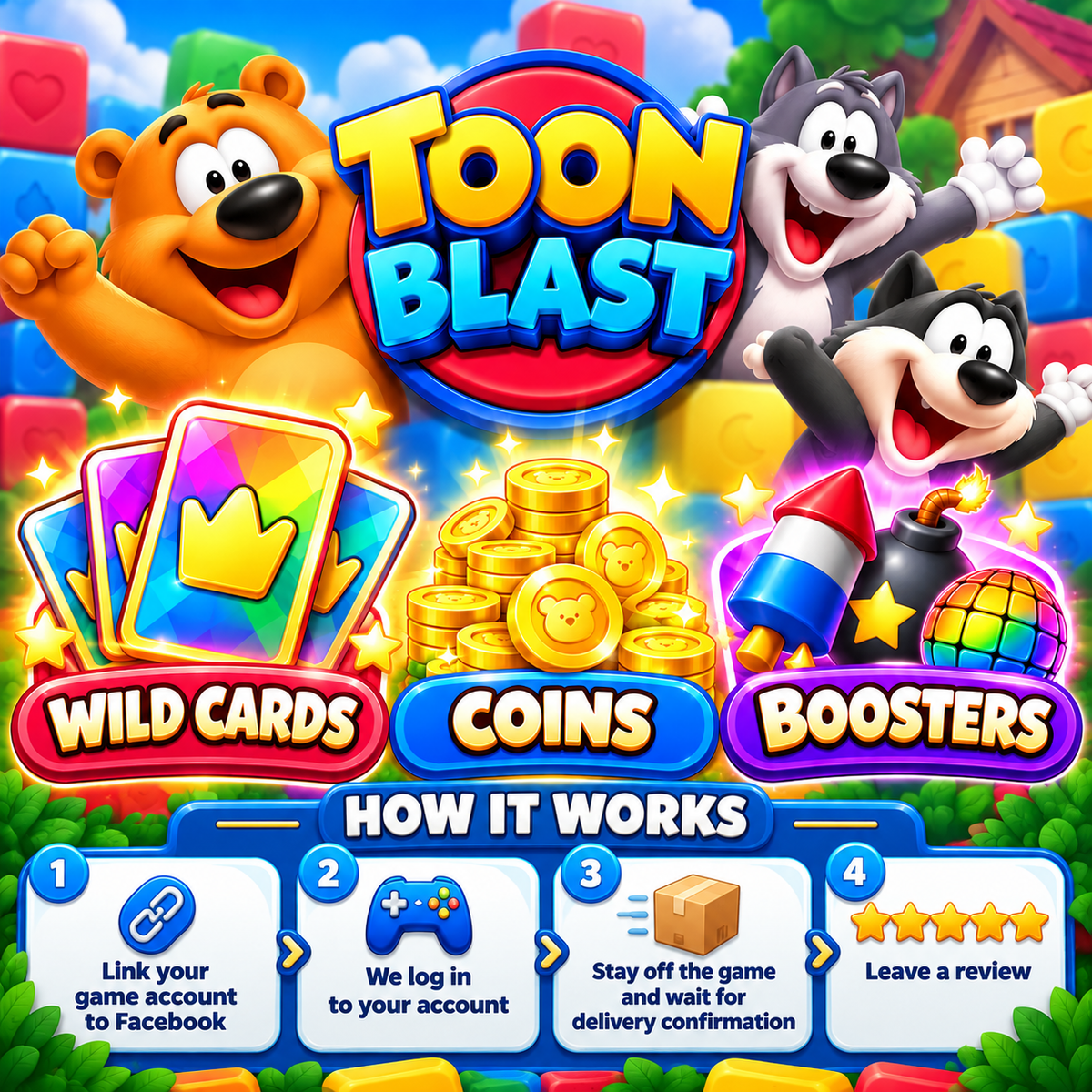 Toon Blast Bundle - Coins, Boosters & Wild Cards